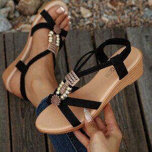 NEW Women Wedge Sandals size 6.5, Casual Handmade Beaded Mid Heel Open Toe